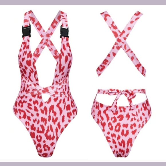 💋🌸La Farrah Sexy Leopard Deep V Swimsuit in Pink - Picture 5 of 8